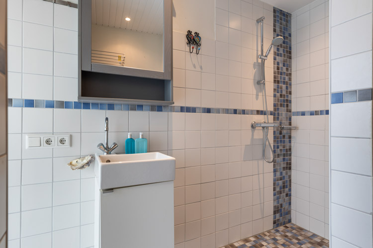 vakantiehuis Duin aan Zee badkamer met douche en wastafel met spiegel